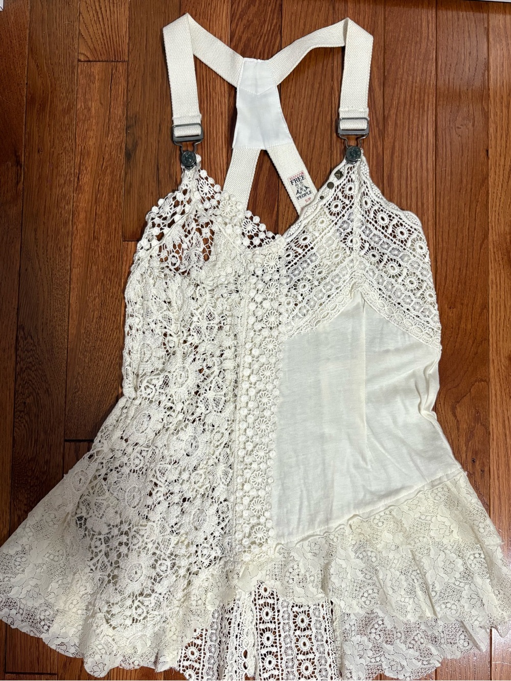 Free People Vintage Cream Lace Crochet Halter Top with Straps, Size Small